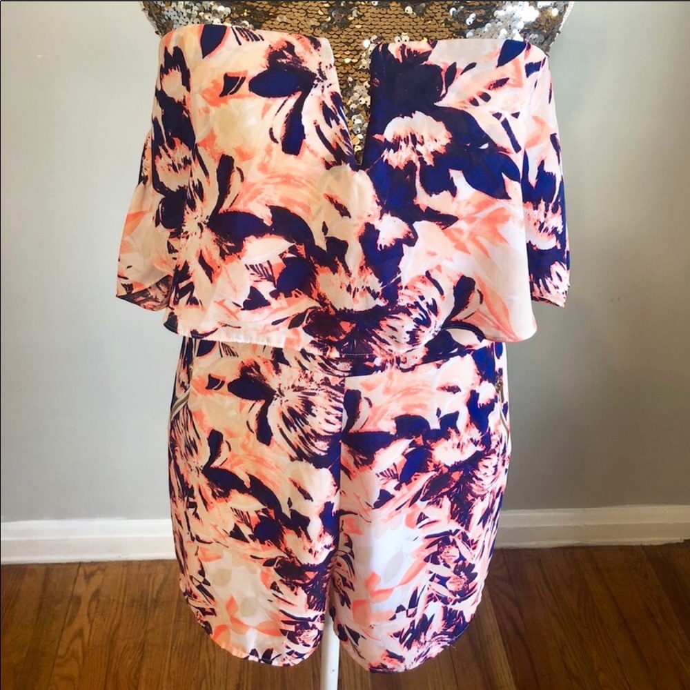 Bebe Off Shoulder Silky Shorts Romper
